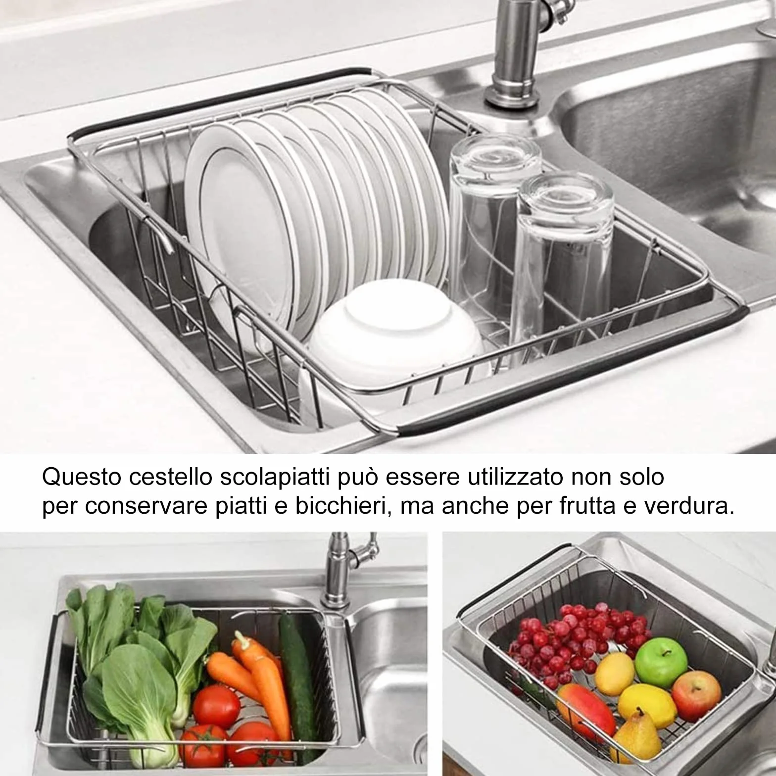 Toplife Cestello per Scolapiatti da Lavello in Acciaio, Scolapiatti da Appoggio Regolabile, Cestello Estensibile per Stoviglie per Frutta e Verdura Scodelle Ciotole Piatti e Utensili da Cucina