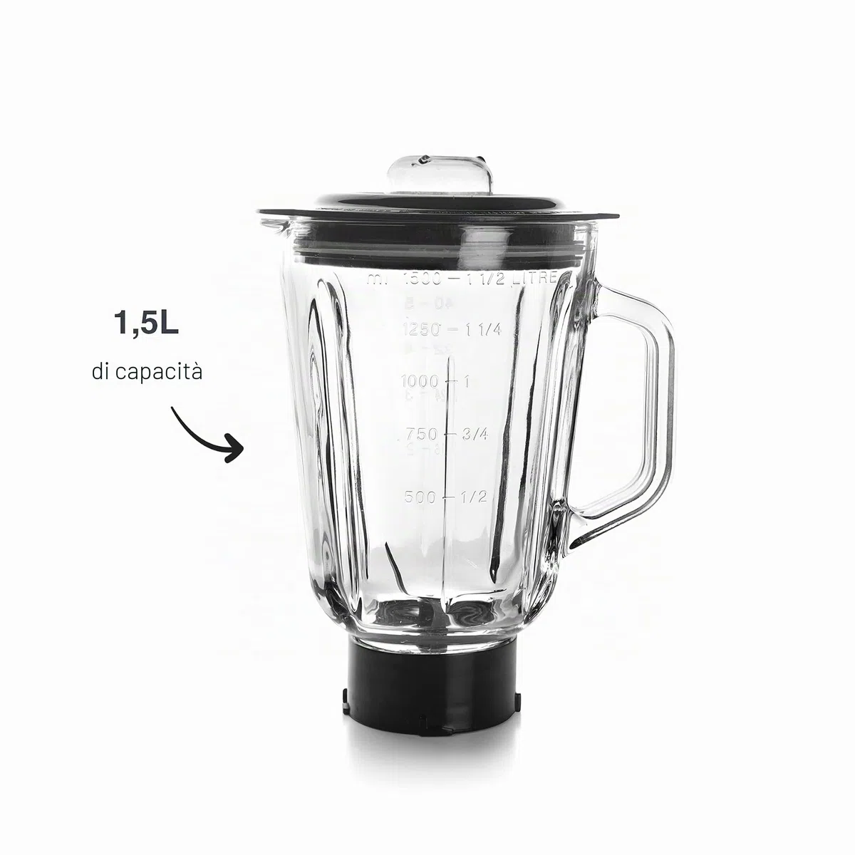 Lacor - 69684 - Caraffa in vetro per frullatore 1,5 L, accessorio originale compatibile con impastatrice Complet rif. 69583, 4 lame in acciaio inox, coperchio ermetico, per succhi, frullati e creme