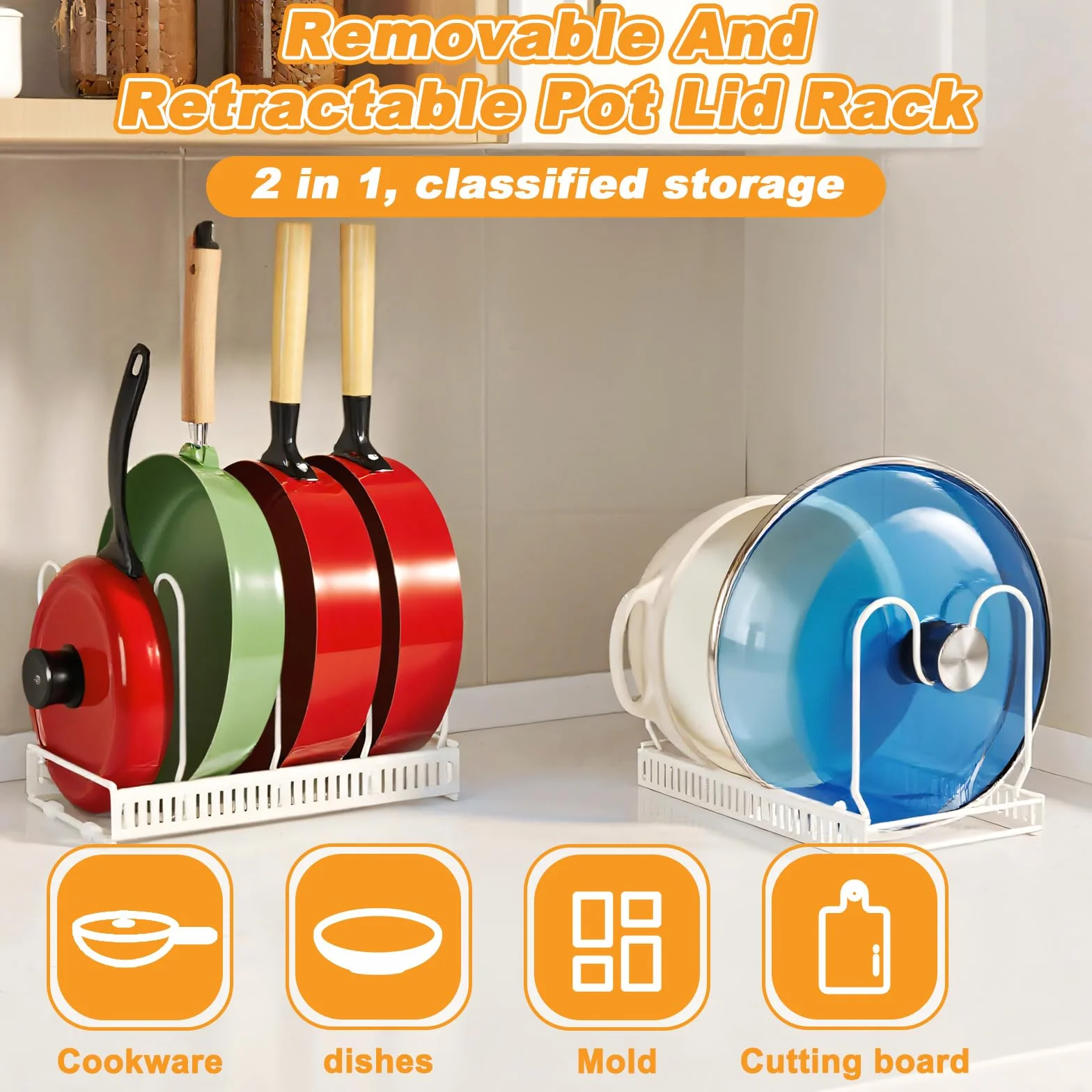 Porta Coperchi Pentole con 10 Scomparti Regolabili, Organizer Padelle Salvaspazio Espandibile, Organizzatore Portacoperchi Interno Mobile Allungabile Cucina per Coperchio Padelles Cassettone (Bianco)