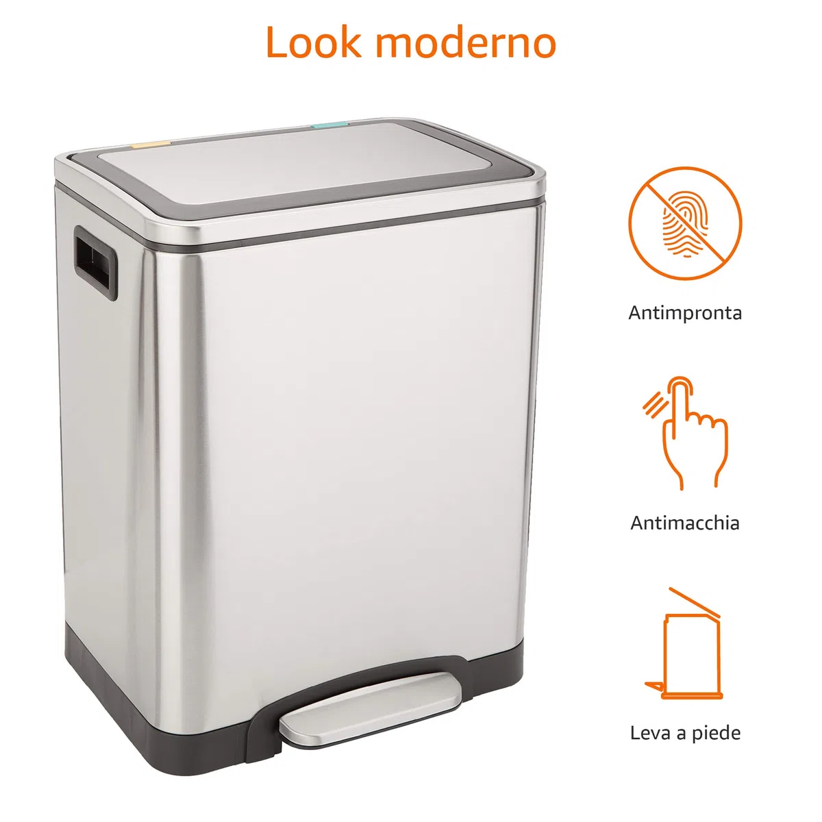 Amazon Basics Pattumiera 30 L (2 x 15 L) Rettangolare con due scomparti e pedale in tubo d'acciaio - chiusura ammortizzata con coperchio, per cucina, bagno o ufficio, in acciaio inossidabile