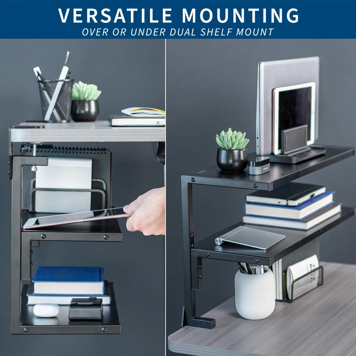 VIVO Scaffale a 2 ripiani con morsetto, 61 cm sopra o sotto la scrivania, per accessori da tavolo, dispositivi di gioco e altro, vassoio portaoggetti, organizer da scrivania, nero, STAND-SHELF24C