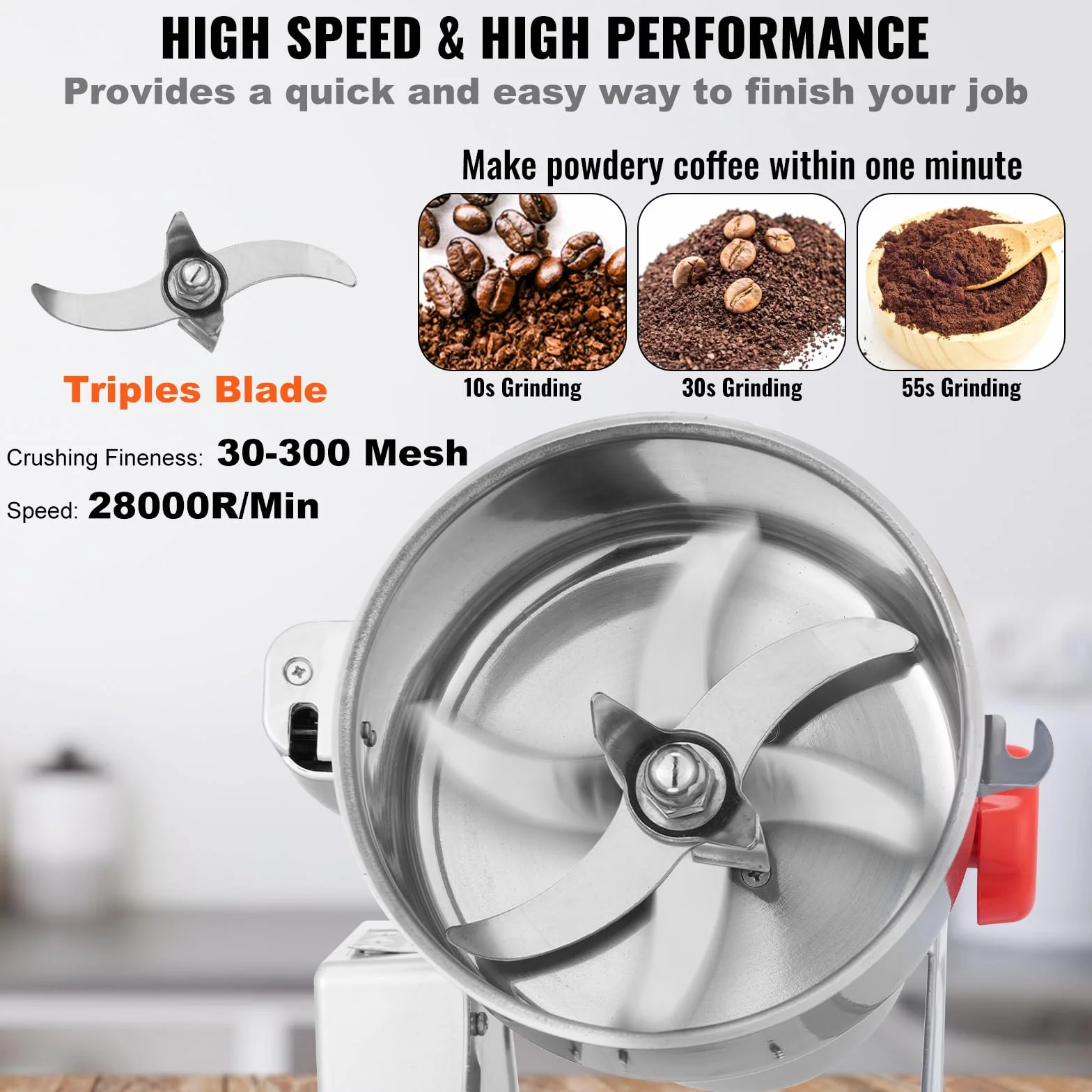 VEVOR 1000g Mulino Elettrico per Cereali, Macina Spezie Commerciale Alta Velocità 3000 W, Macchina Polverizzazione in Acciaio Inox, per Cereali Secchi, Spezie, Caffè, Mais, Pepe, Tipo Oscillante