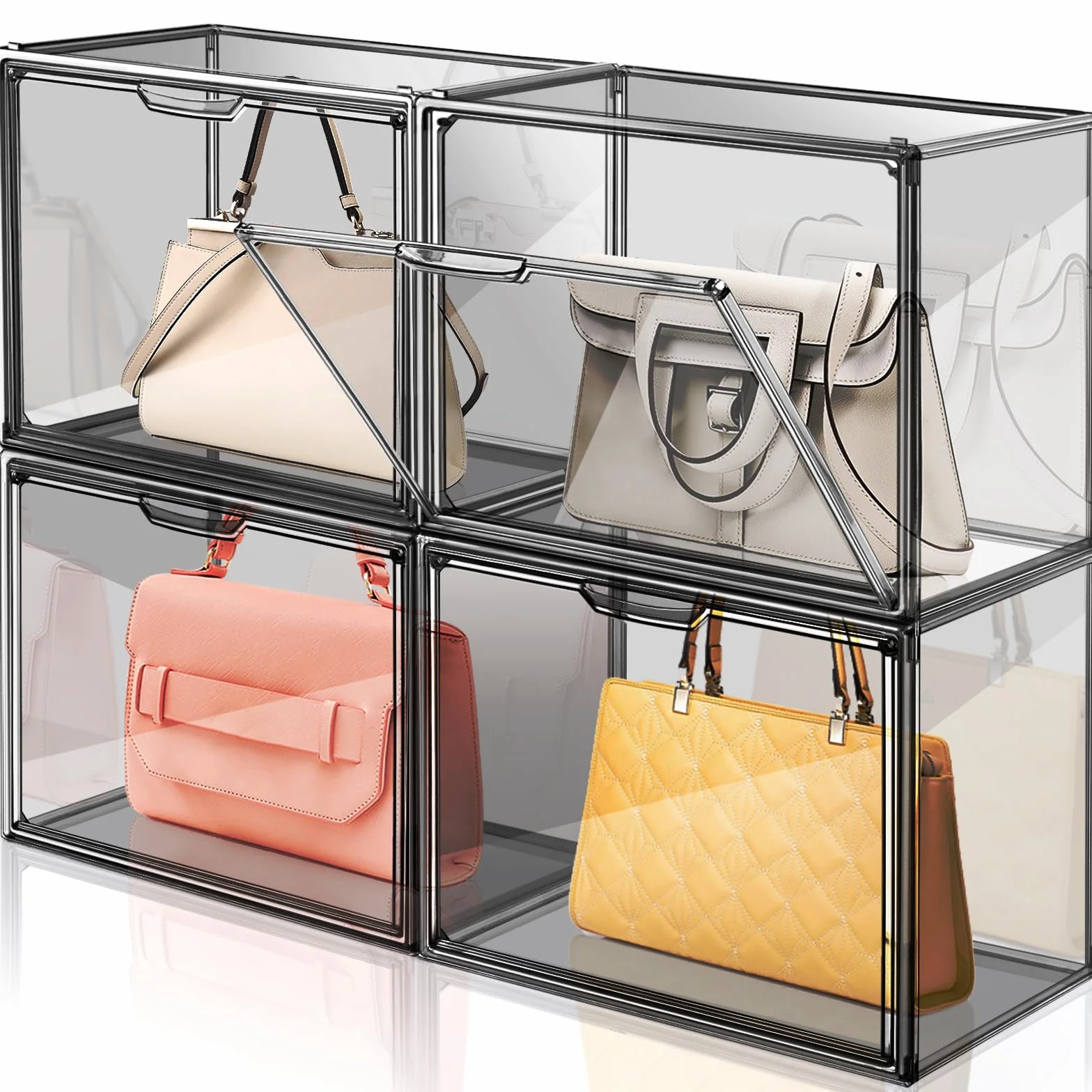 Organizer per borse per armadio, in acrilico grigio trasparente, impilabile, con porta magnetica, per portafoglio, libri, cosmetici, giocattoli (4)
