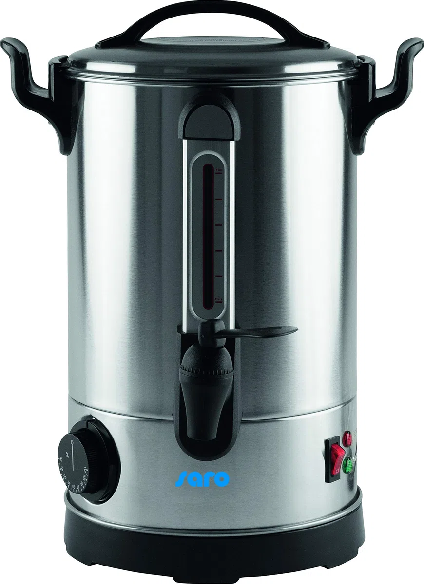 SARO ANCONA 5 - Bollitore per vin brulé/distributore di acqua calda, da 5,9 l, in acciaio inox, con rubinetto, temperatura da 30 a 110°C, spie luminose, protezione dal surriscaldamento