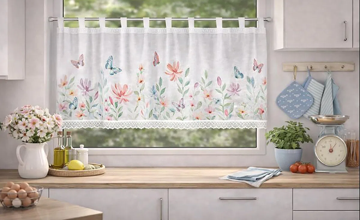KAMACA Tenda da bistrò con passanti, tenda corta da cucina, trasparente, con passanti in voile, pizzo (altezza x larghezza 60 x 140 cm, Theresia)