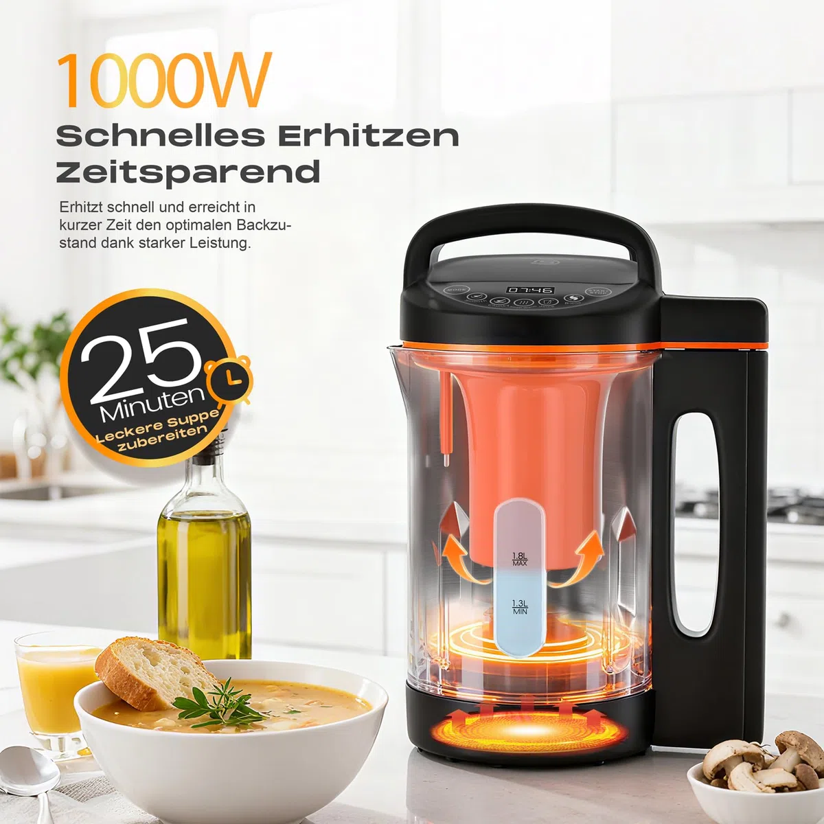 Zuppa elettrica multifunzione da 1,8 l, in acciaio inox, 1000 W, con funzione mixer, 4 programmi, timer, funzione di mantenimento del calore, autopulente per zuppe frullati