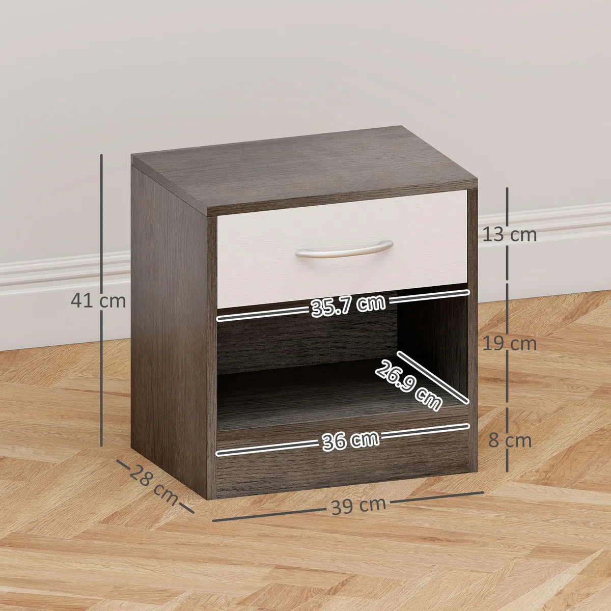 HOMCOM Set 2 Comodini per Camera da Letto con Ripiano Aperto e Cassetto, Comodini Moderni in Truciolato, 39x28x41 cm, Bianco e Grigio Scuro
