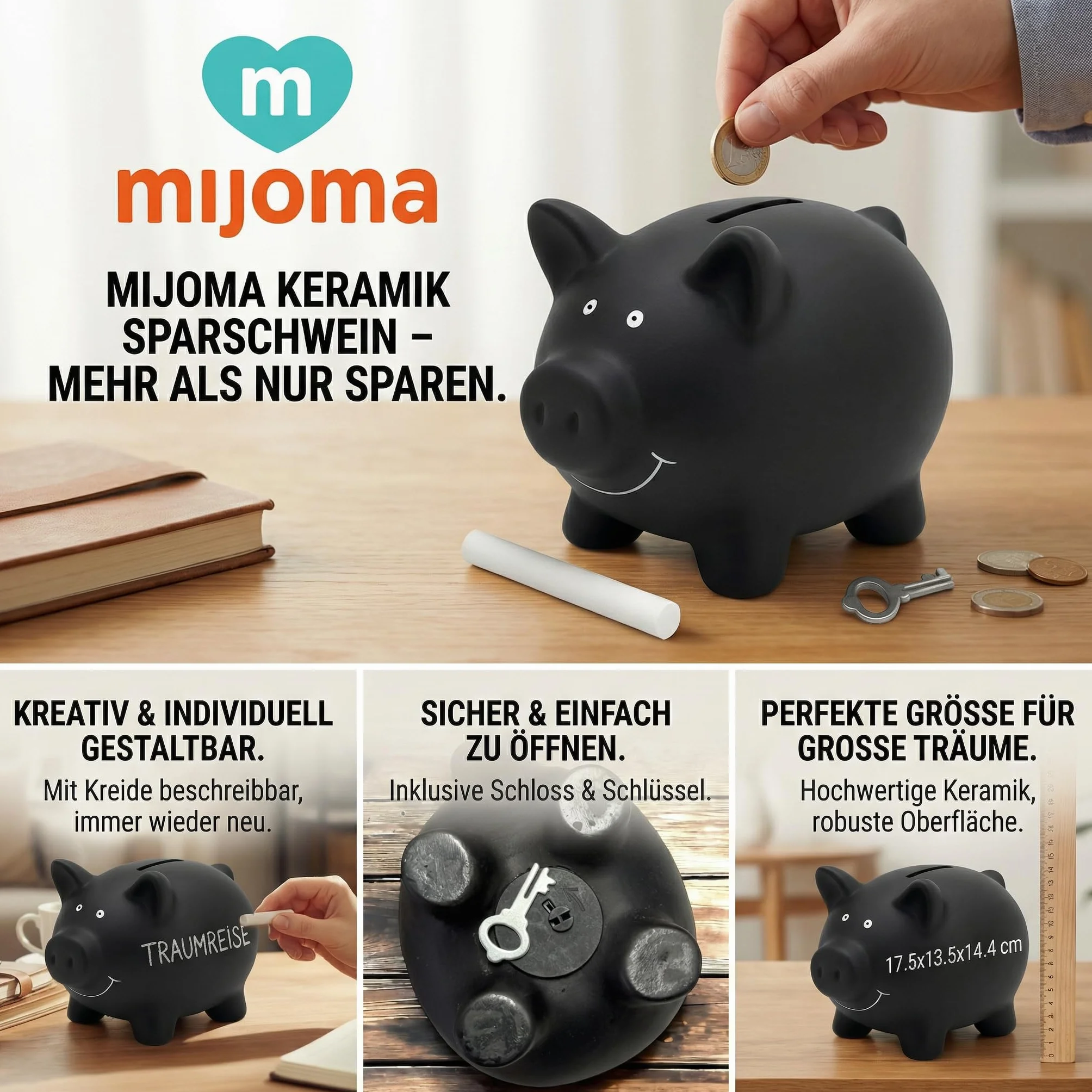MIJOMA Salvadanaio in ceramica con superficie lavagna, include gesso, serratura con chiave, 17,5 x 13,5 x 14,4 cm, colore: nero