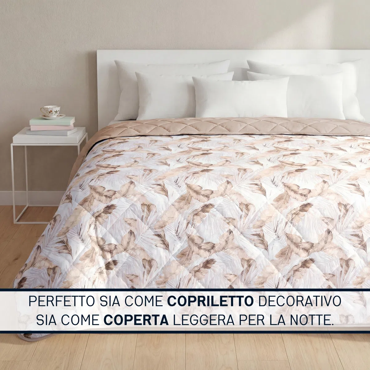 Clara Home Trapuntino Primaverile, Copriletto Mezza Stagione in Microfibra Effetto Velluto, Trapunta Leggera Jacquard Foglie, Coperta Letto Morbida Made in Italy, 1 Piazza, Adele Beige