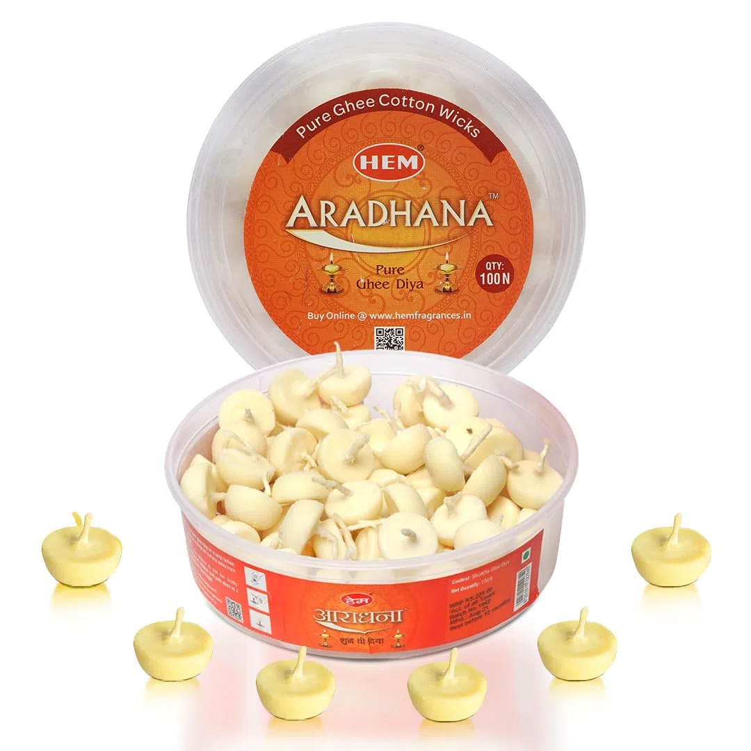 HEM Aradhna Pure Ghee Diya con Batti Confezione da 100 Diyas | Articoli per la casa Pooja | Senza cera | Stoppini per ghee per preghiere, rituali e occasioni speciali | Tempo di combustione 30 minuti