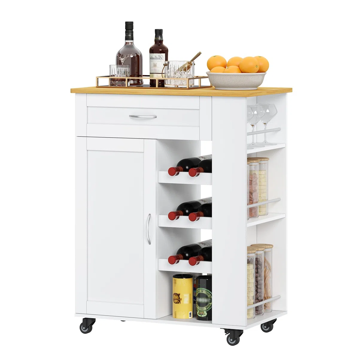 Hzuaneri Carrello Cucina, Mobile Cucina, Scaffale 3 Ripiani con Espositore per Vino, Mobile Multifunzione con Ruote, per Cucina, Soggiorno e Sala da Pranzo, 40 x 68 x 86 cm, Bianco ST03003W