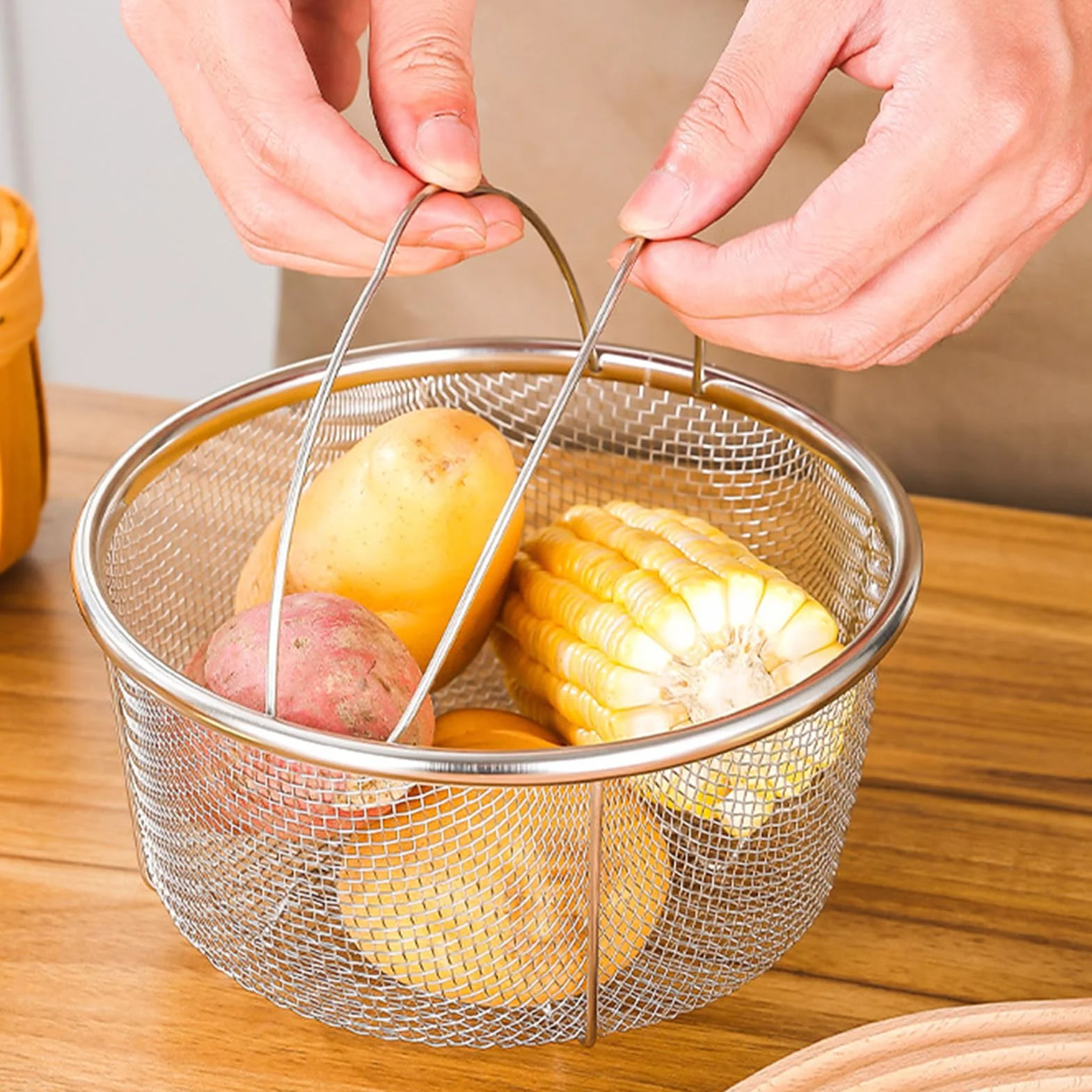 Cestello per Cottura a Vapore in Rete, Ø 20 cm Cestello per Colino in Rete con Manici Pieghevoli in Acciaio Inox, Cestello Verdura Risciacquo Drenante per Verdure e Alimenti, Lavabile in Lavastoviglie