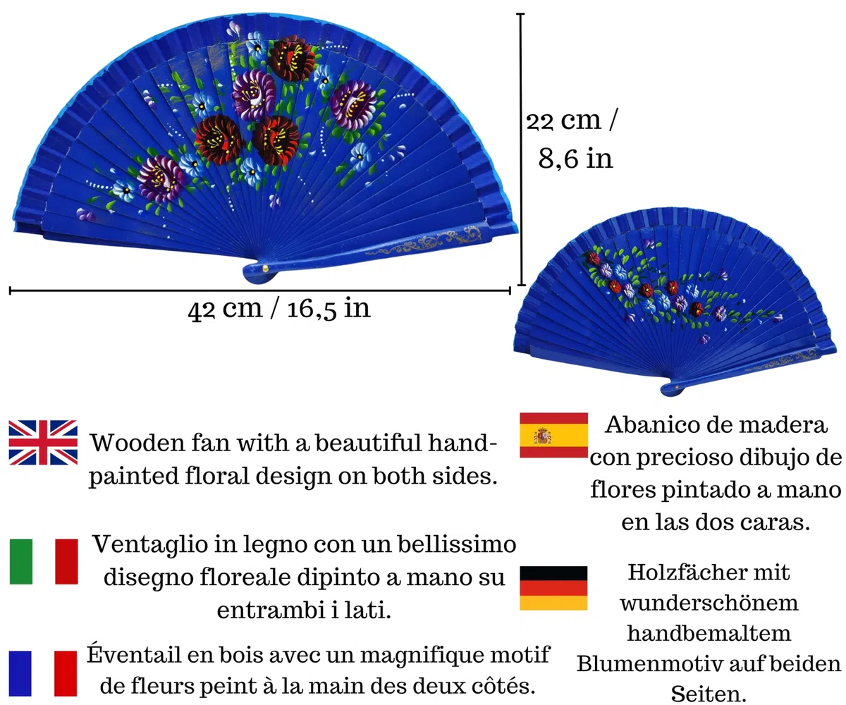 Ventaglio in legno con fiori dipinti a mano. Include una custodia artigianale realizzata in Spagna per proteggere il ventaglio. Magnete regalo con disegno di costumi spagnoli