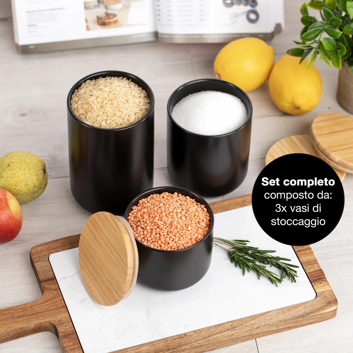 Moritz & Moritz barattoli cucina nero 400-900 ml - Scrivibile - 3x Barattolo ceramica con coperchio in bambù - Barattolo con coperchio per farina, caffè, muesli o utensili da bagno