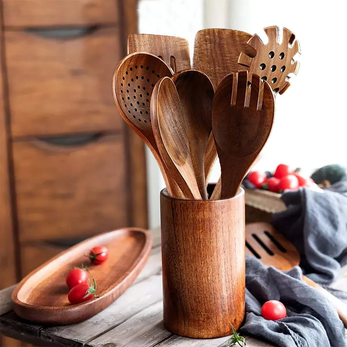 Cucchiai in legno per cucinare, 7 utensili da cucina in legno di teak, set di utensili da cucina in legno di legno, spatola in legno per cucinare