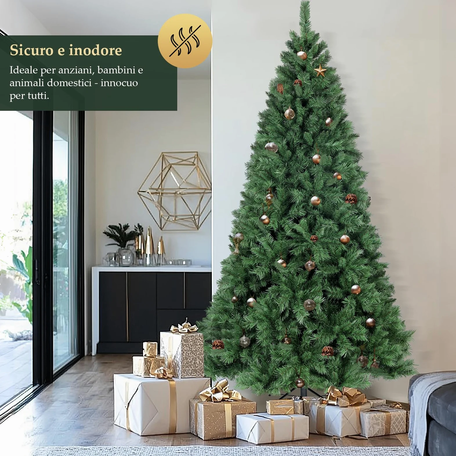 SALCAR Albero di Natale Artificiale 180 cm, Abete di Natale con Guanti e Supporto in Metallo, 580 Punte per Rami, Montaggio Rapido, Ignifugo