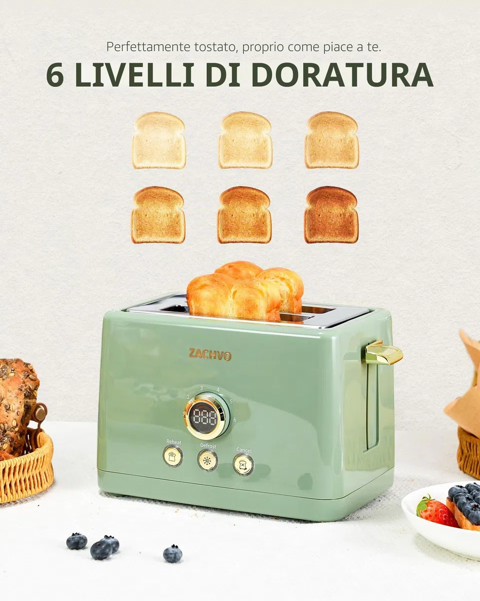Tostapane 2 fette, ZachVO tostapane con inserto per panini, 6 livelli di doratura, cassetto raccoglibriciole rimovibile da 850 W, schermo a LED, High Lift, riscaldamento, scongelamento, funzione di