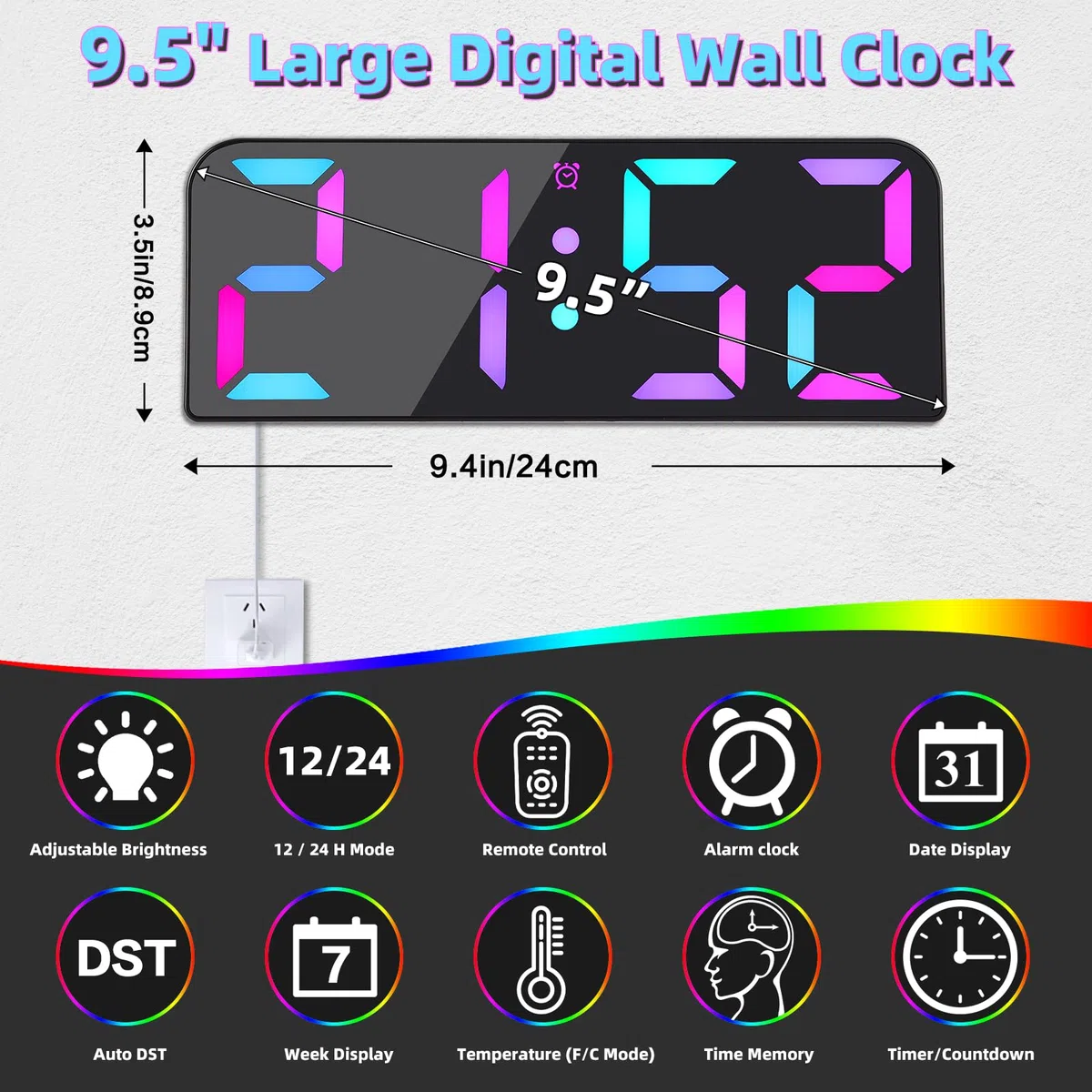 Koolertron Orologio da Parete Digitale Mini con Telecomando, 9.5" Moderni Orologio Sveglia Digitale con 8 Stili colori LED Display, 3 Allarme,Conteggio su/Giù,Ora,Data,Temperatura per Casa Cucina
