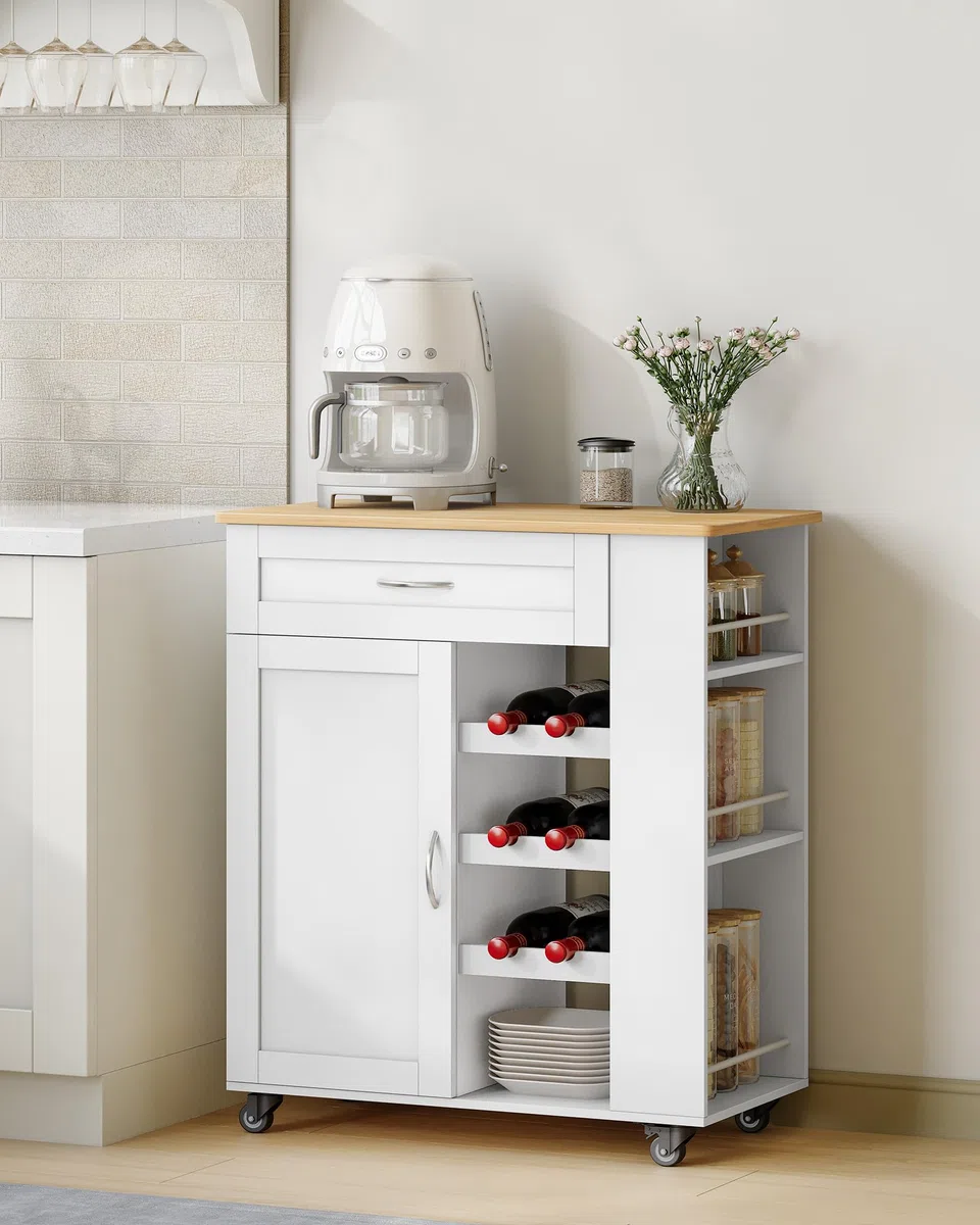 Hzuaneri Carrello Cucina, Mobile Cucina, Scaffale 3 Ripiani con Espositore per Vino, Mobile Multifunzione con Ruote, per Cucina, Soggiorno e Sala da Pranzo, 40 x 68 x 86 cm, Bianco ST03003W