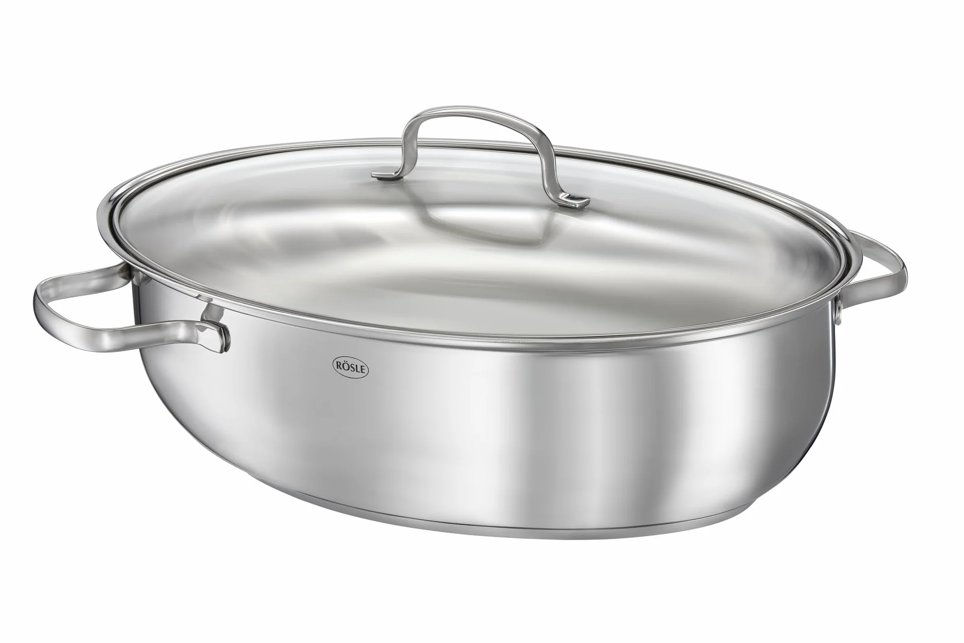 RÖSLE Elegance - Rostiera Ovale di Alta qualità con Coperchio in Vetro, in Acciaio Inox 18/10, Colore: Argento, Adatta al Forno a induzione