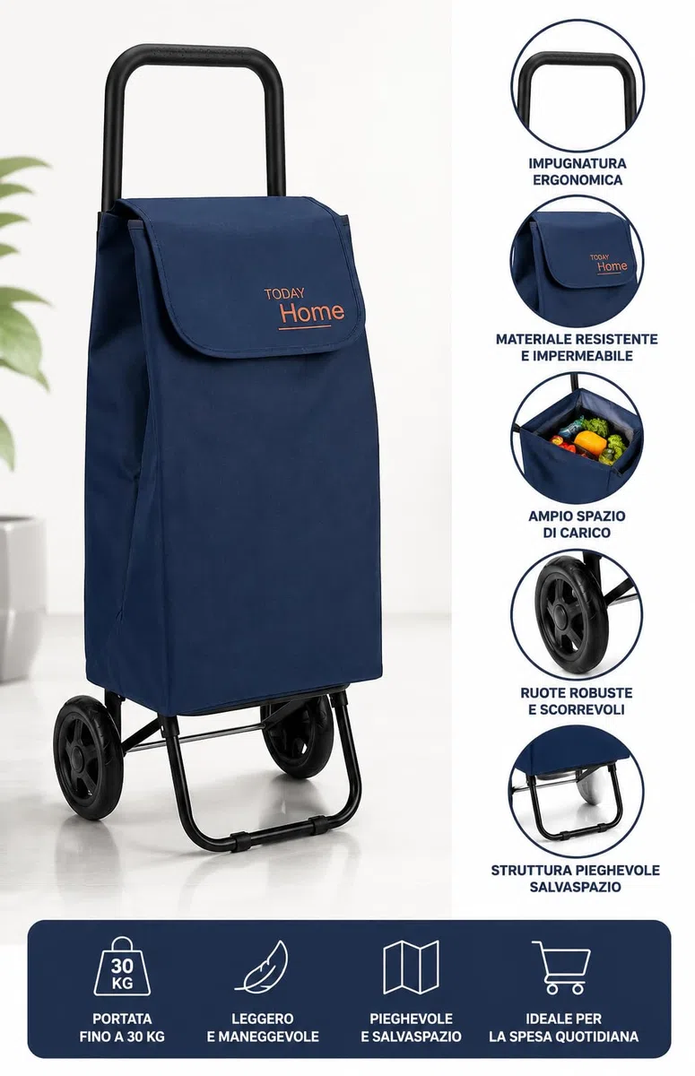 Carrello Spesa Pieghevole Isotta 42L con 2 Ruote, Impermeabile, Leggero, Capacità 25 kg