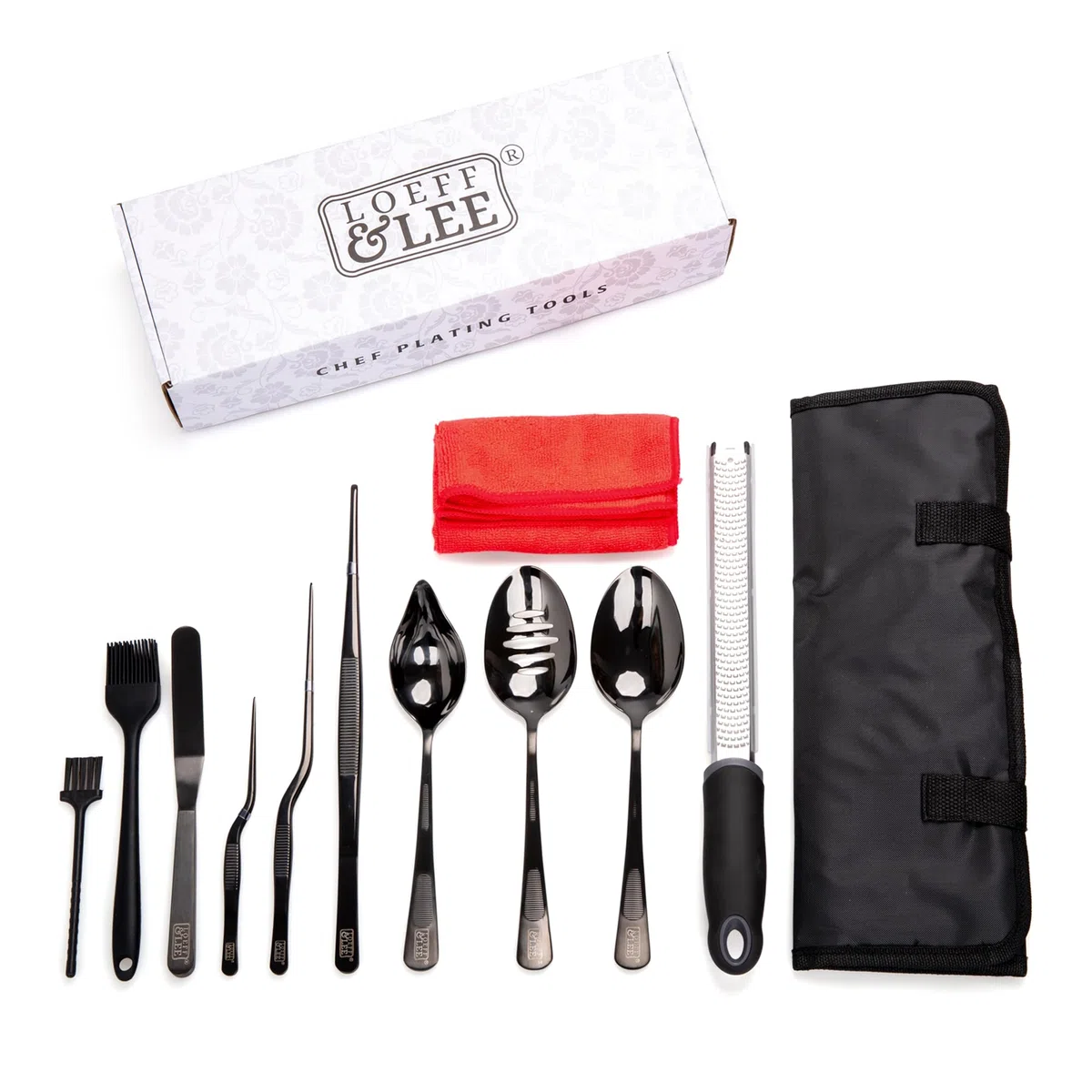 Set da cucina da 7 pezzi di utensili da cucina per placcatura nera (utensili professionali da chef), kit da chef con 3 cucchiai da placcatura, 3 pinzette per placcatura, spatola offset. In dotazione