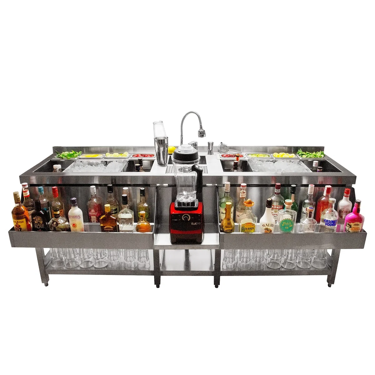 Postazione da Barman Bancone Bar Doppio Cocktail Acciaio Inox Pozzetto per Ghiaccio Isolato Postazione Bar Indipendente Installazione Bar Lavello con Rubinetto, Mensola per Bottiglie e Pentole Gastro