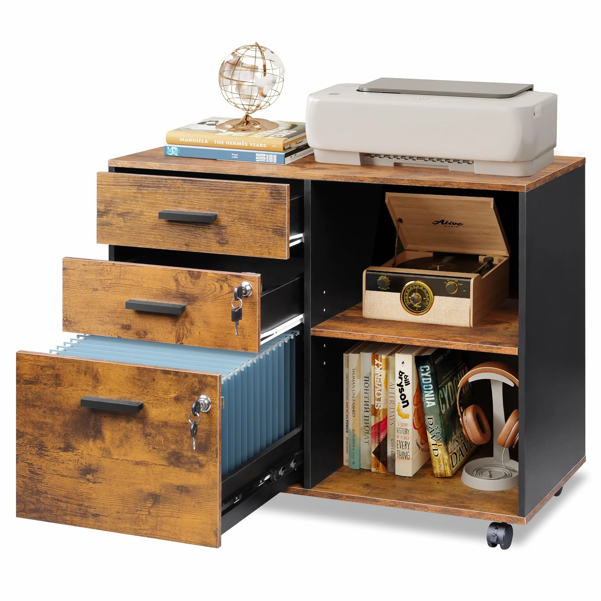 DEVAISE Carrello Portadocumenti 3 Cassetti con Piano Legno, Mobile Ufficio con Stampante, Retro, Marrone