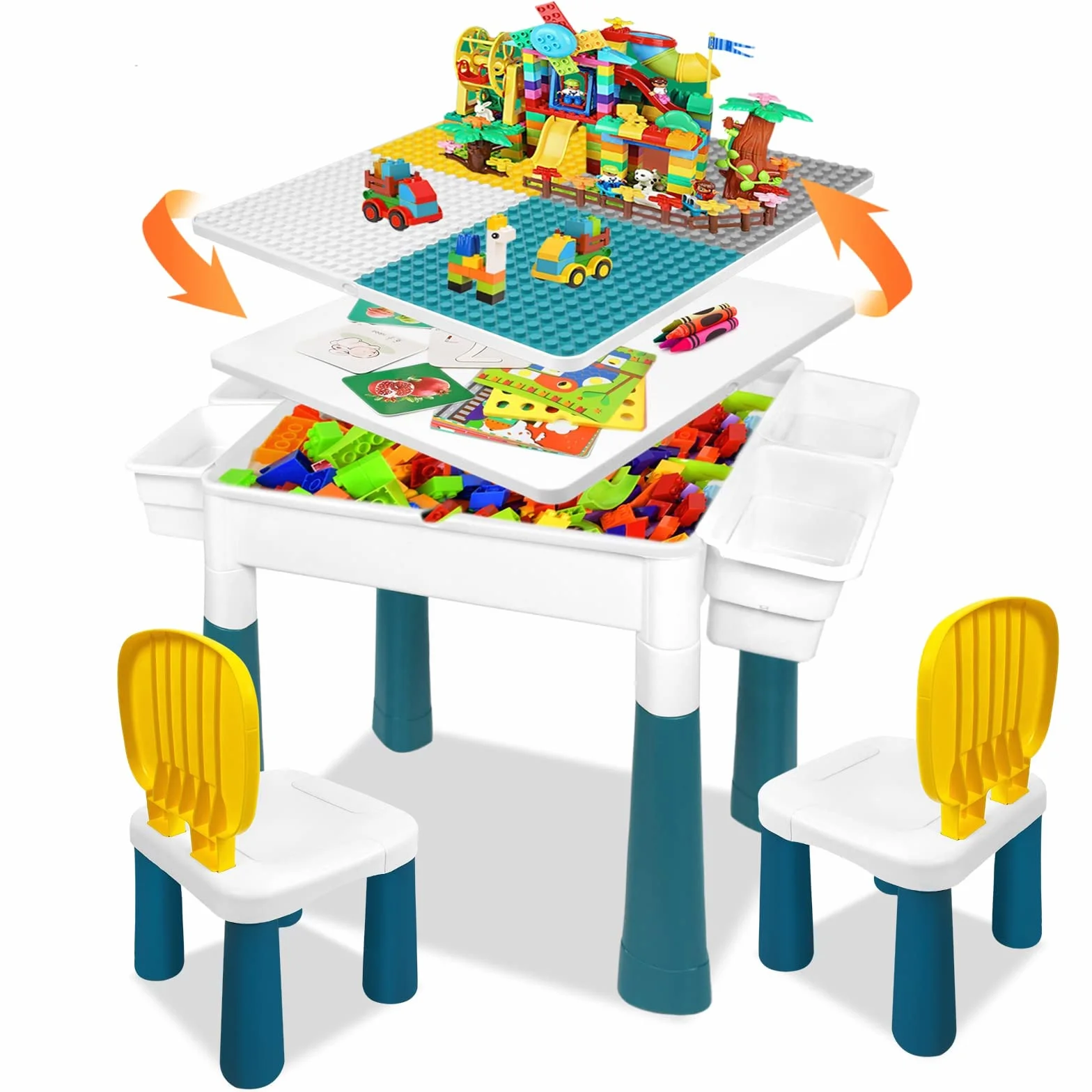 LZQ Tavolo per bambini con sedie 6 in 1 Tavolo da Costruzione per bambini, set di mattoncini da costruzione, tavolo da gioco con spazio per riporre oggetti