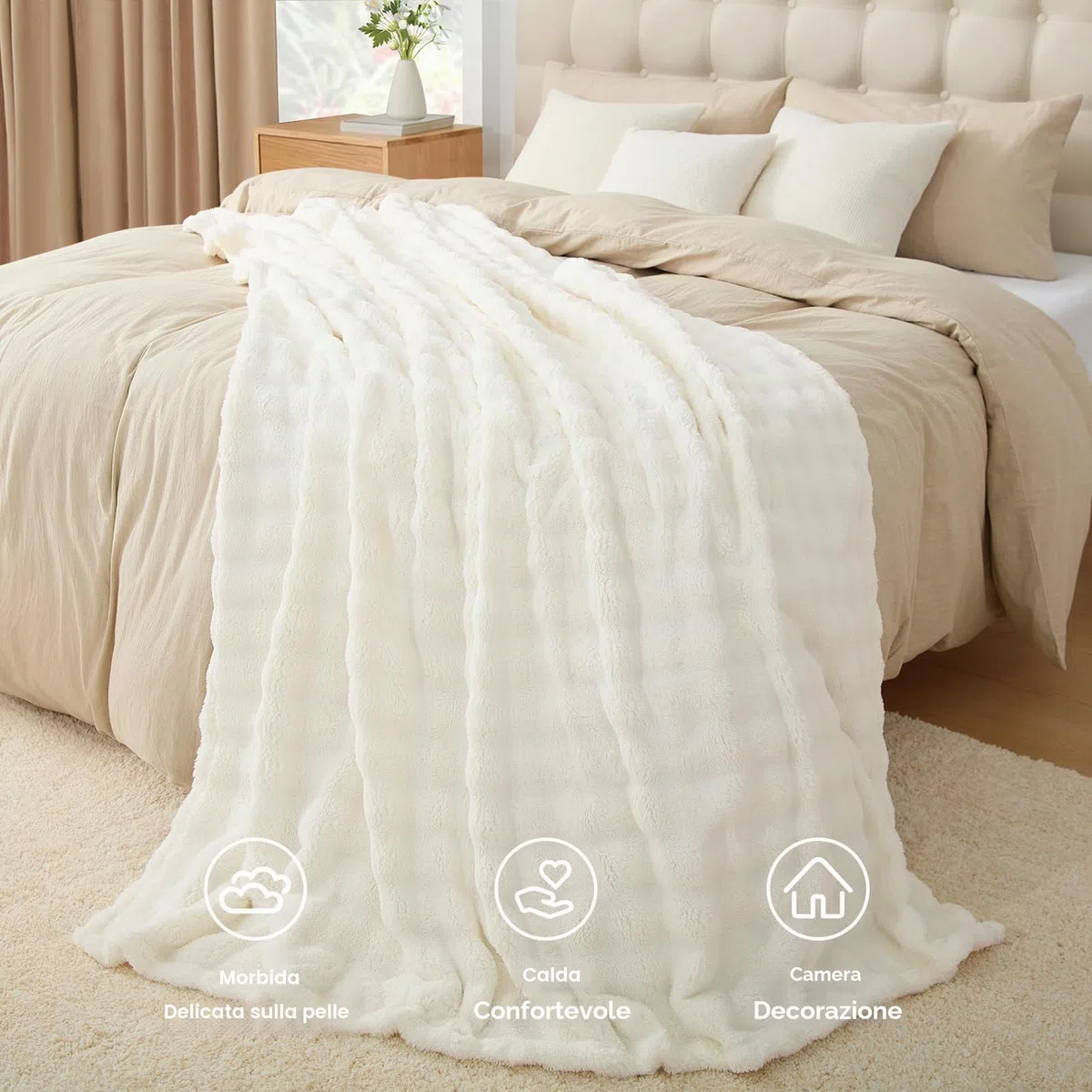 Topfinel Plaid Matrimoniale,Coperta Pile Termica Pelosa Morbida,Calda e Confortevole,OEKO-TEX,Coperta Matrimoniale Invernale,Adatta per Divano, Letto e Picnic,150 x 200 CM,Bianco