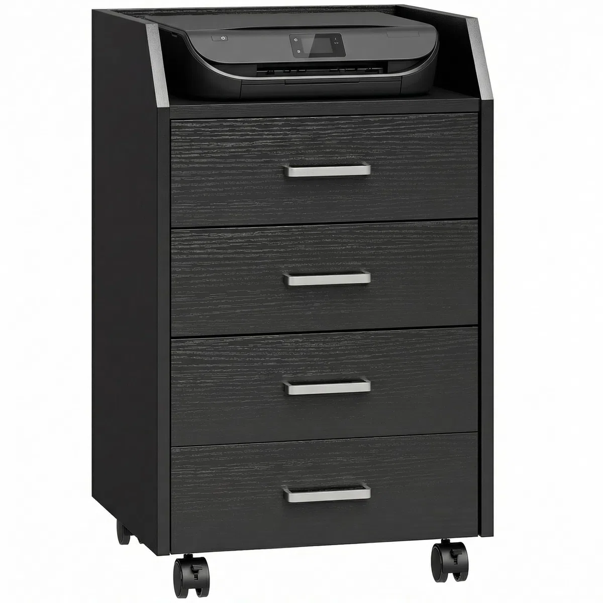 Vinsetto Schedario da Ufficio con 4 Cassetti, Ruote a Freno, Cassettiera Scrivania per Lettera Documenti, Ripiano, Cassettiera Ufficio per Studio Sotto Scrivania, 40x36x65 cm, Effetto Legno Nero