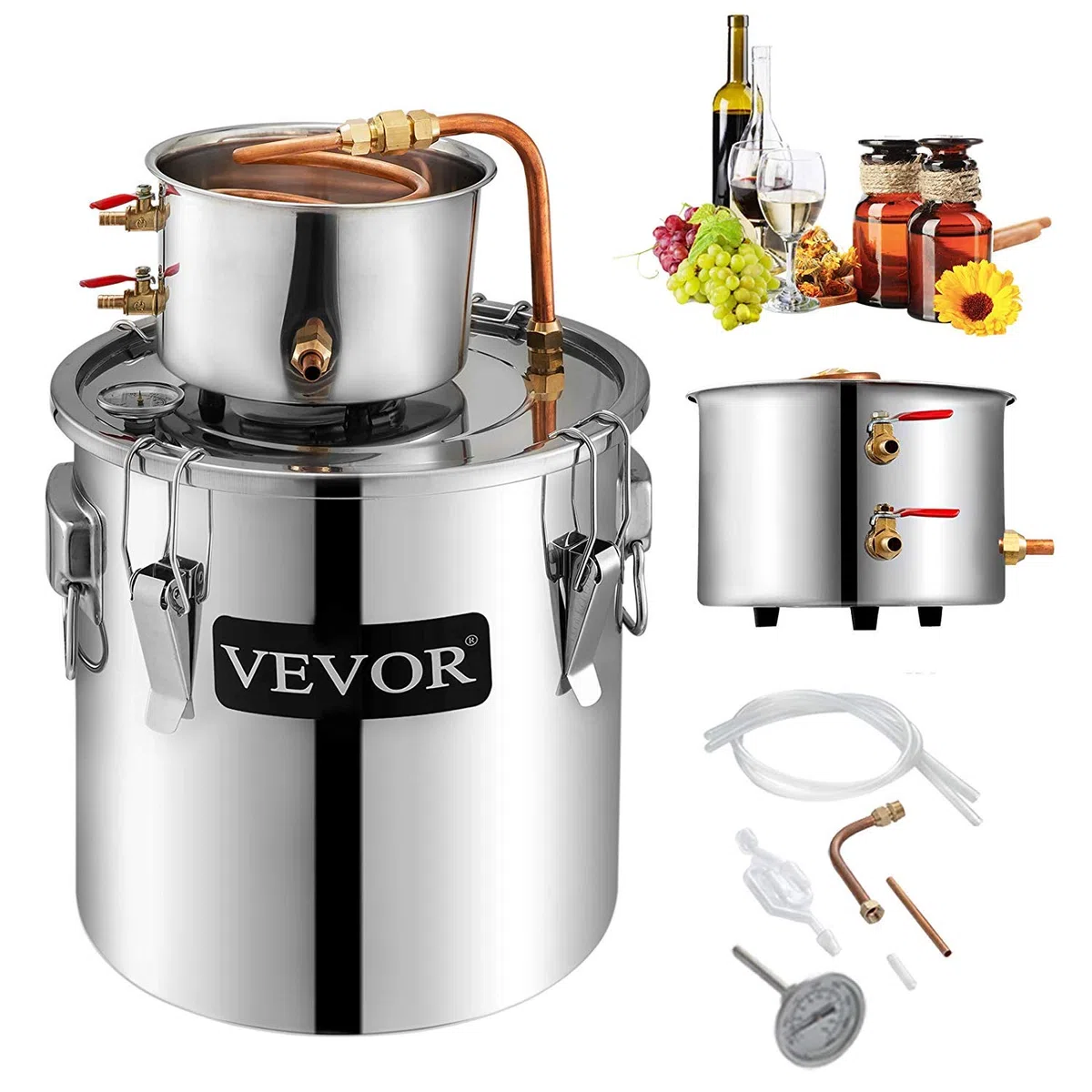 VEVOR La Caldaia per Acqua Distillata 3 Gal, La Caldaia per Acqua al Chiaro di Luna, per Acqua Distillata, Distillatore d'Acqua Alcolica, Distillazione del Vino 3 Gal, Acciaio(argento) e Rame Rosso