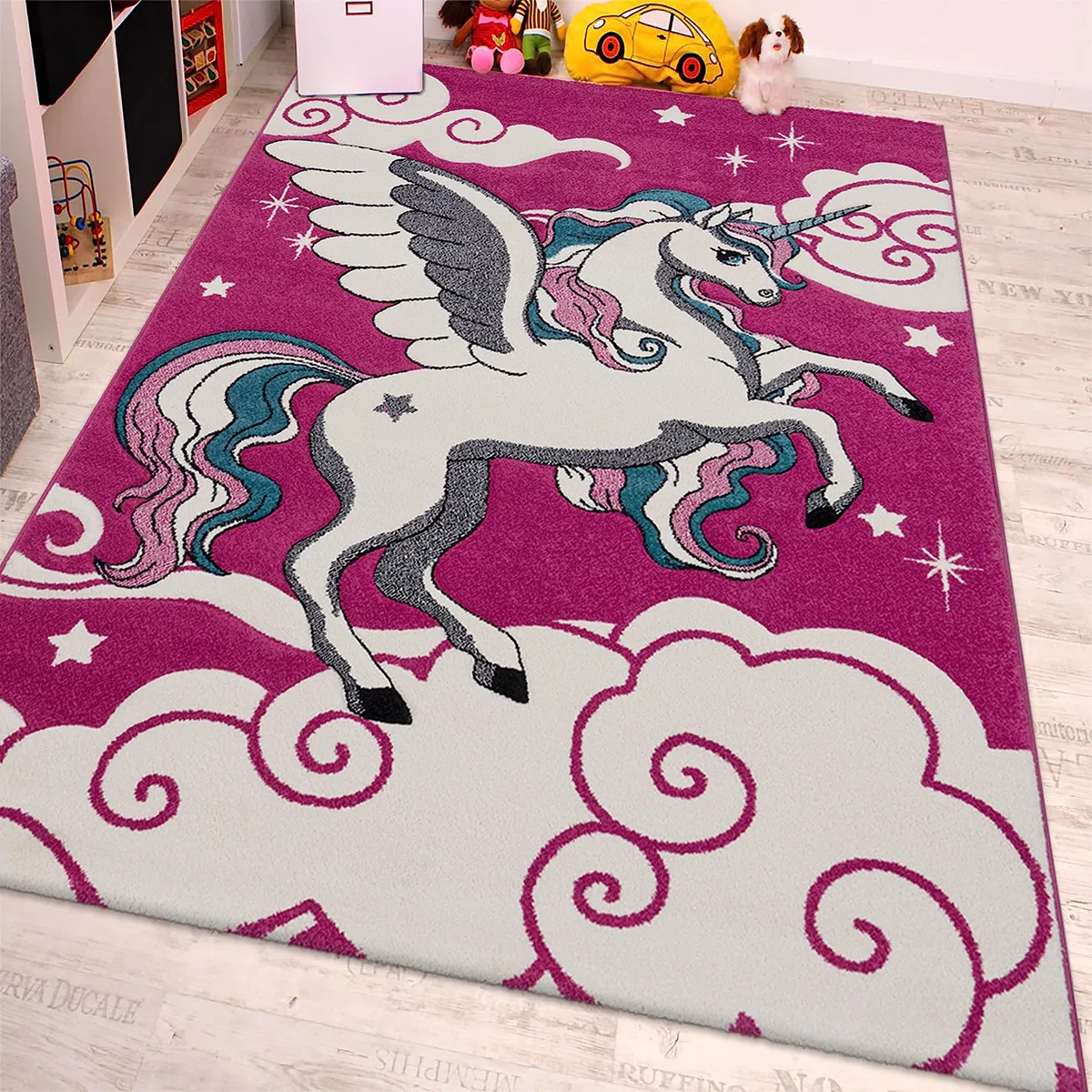 Paco Home Tappeto Per Cameretta Il Piccolo Unicorno Alato Nei Colori Fuchsia Bianco Turchese, Dimensione:80x150 cm