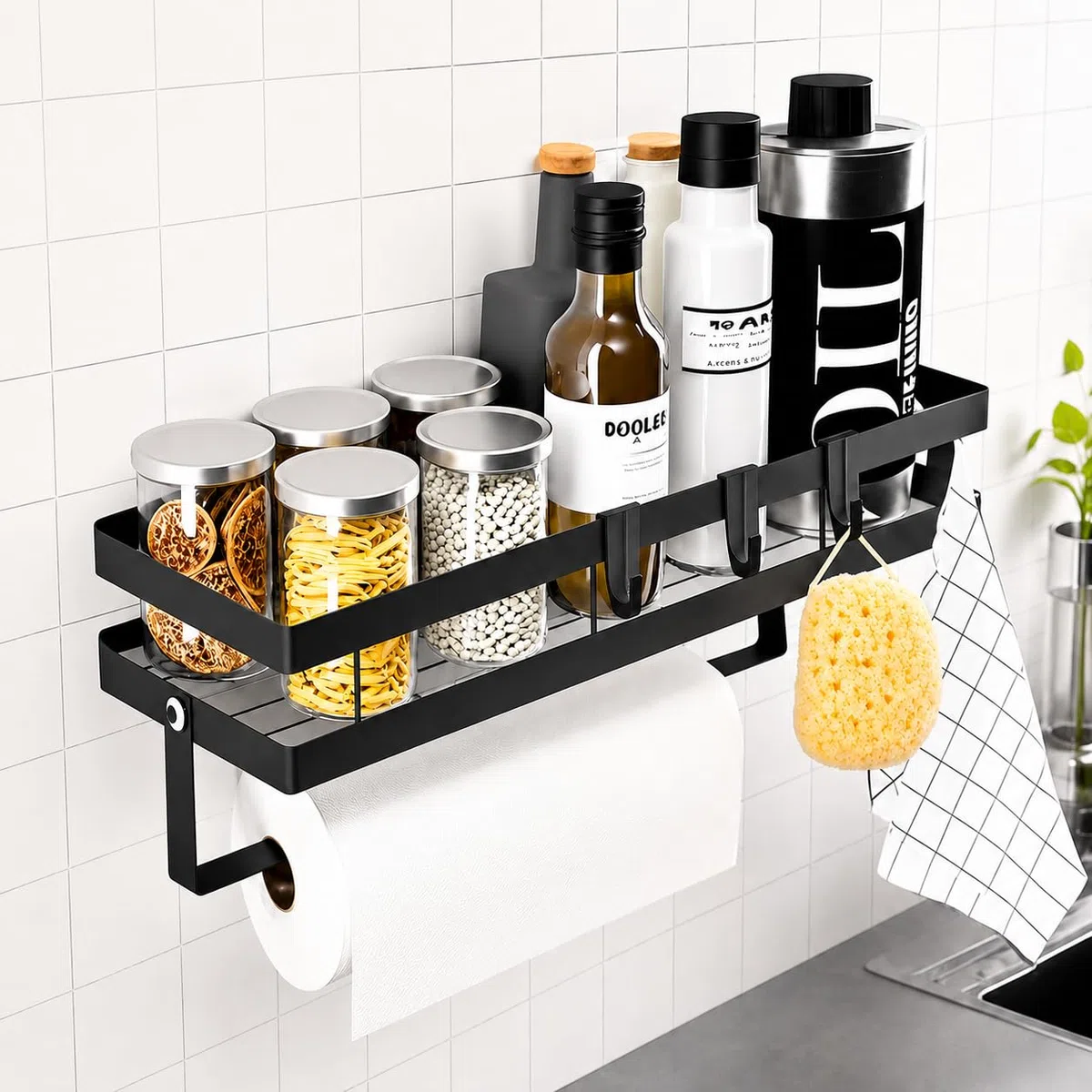 Portaspezie da Parete Senza Forare con Porta Rotolo da Cucina, Mensola Cucina in Acciaio al Carbonio Nero, Organizer per Spezie con 4 Ganci per Utensili e Strofinacci