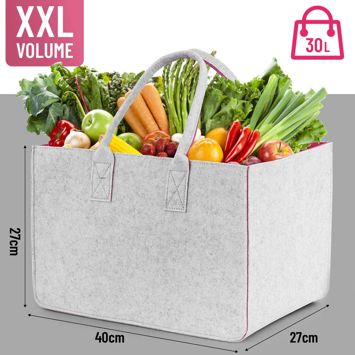 2 Pezzi Cestino per la Spesa Grande in Feltro 30L, Cesto Stabile per la Spesa 40x27x27 cm, Borsa per la Spesa Pieghevole per Supermercato, Casa e Auto, Leggera, Resistente e Riutilizzabile