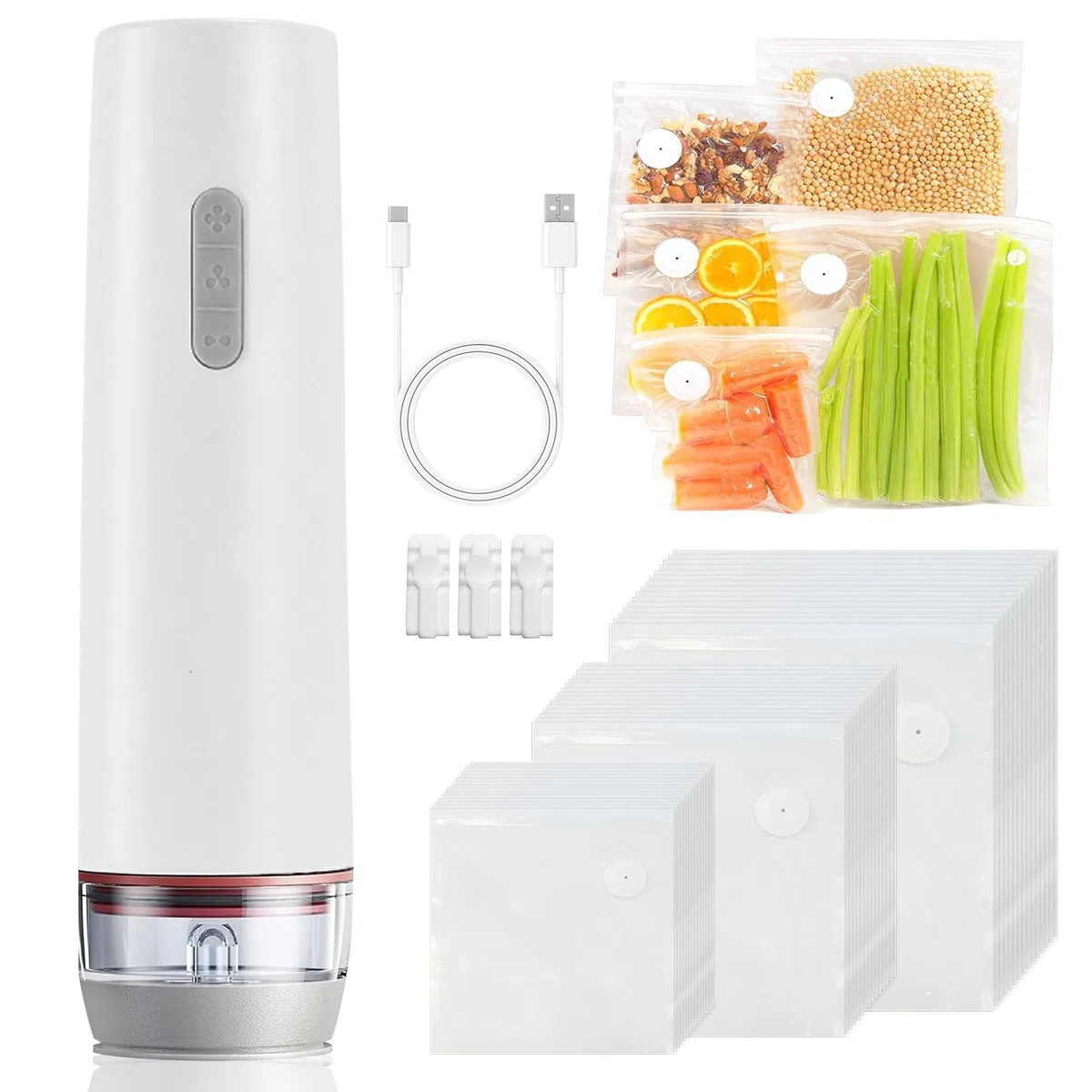 Macchina per sottovuoto con 30 sacchetti riutilizzabili, macchina sottovuoto automatica per alimenti, macchina per sottovuoto per alimenti secchi e umidi, saldatrice per pellicole ricaricabile USB per