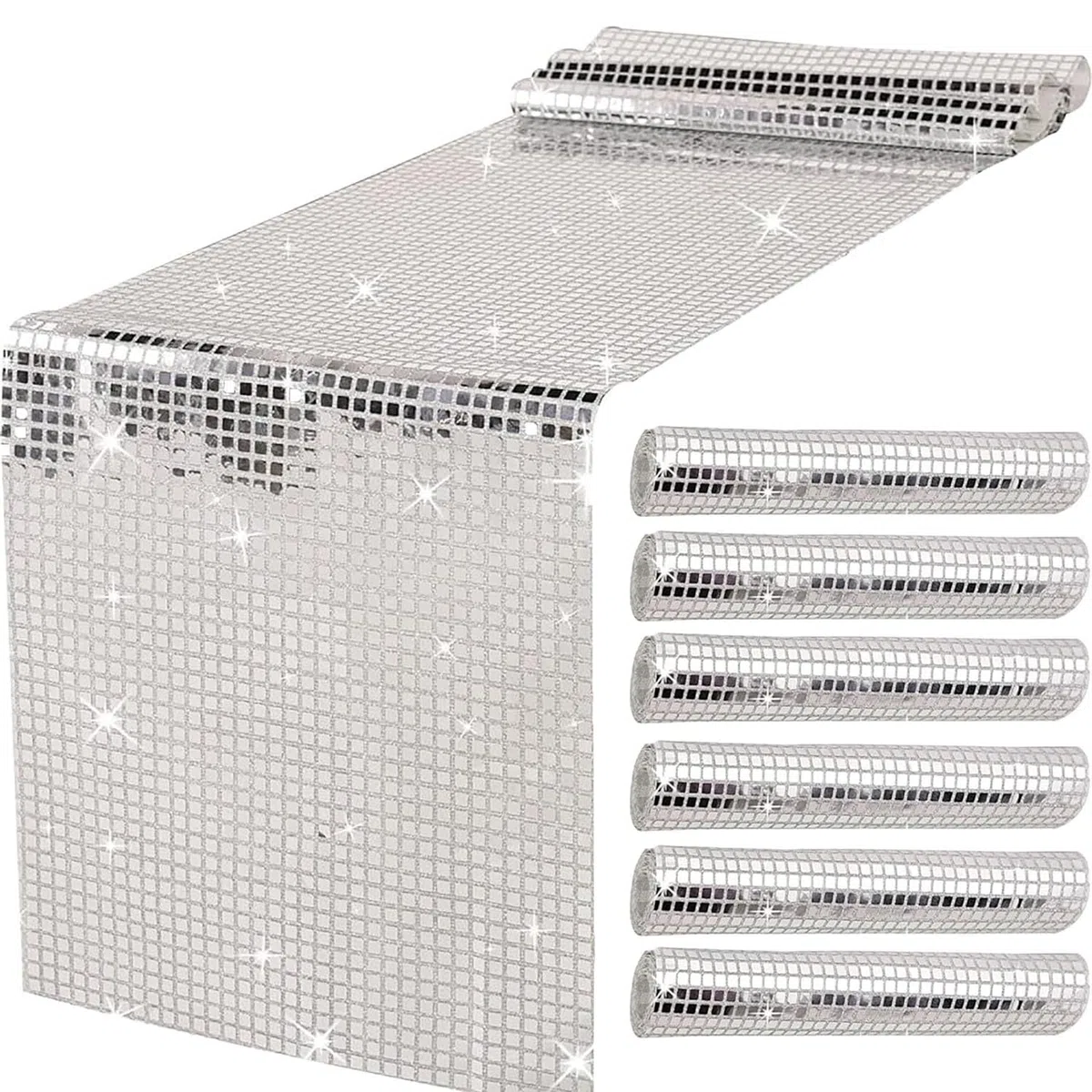 6 pezzi Runner Disco Party per Feste Discoteca,Runner Tavolo con Glitter Argento 30x180 cm, per Retro 70s 80s Disco Party Decorazioni