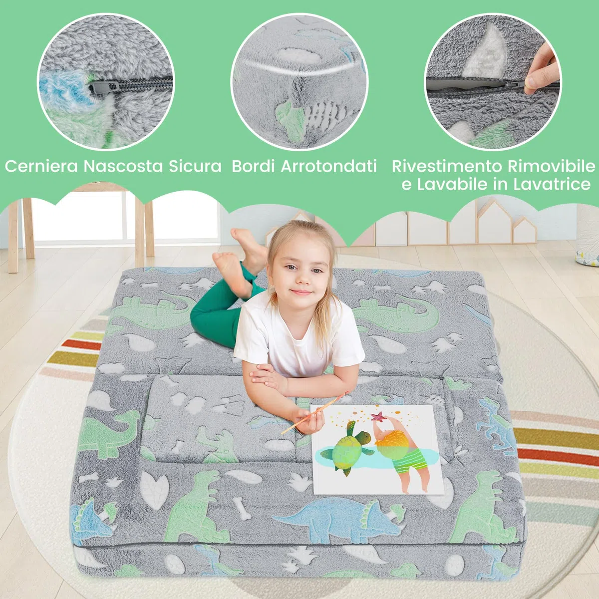 COSTWAY Divano Pieghevole 3 in 1 per Bambini Brilla al Buio, Poltrona Bambini con Rivestimento in Flanella Rimovibile e Lavabile, Pouf per Cameretta (Dinosauro Grigio)
