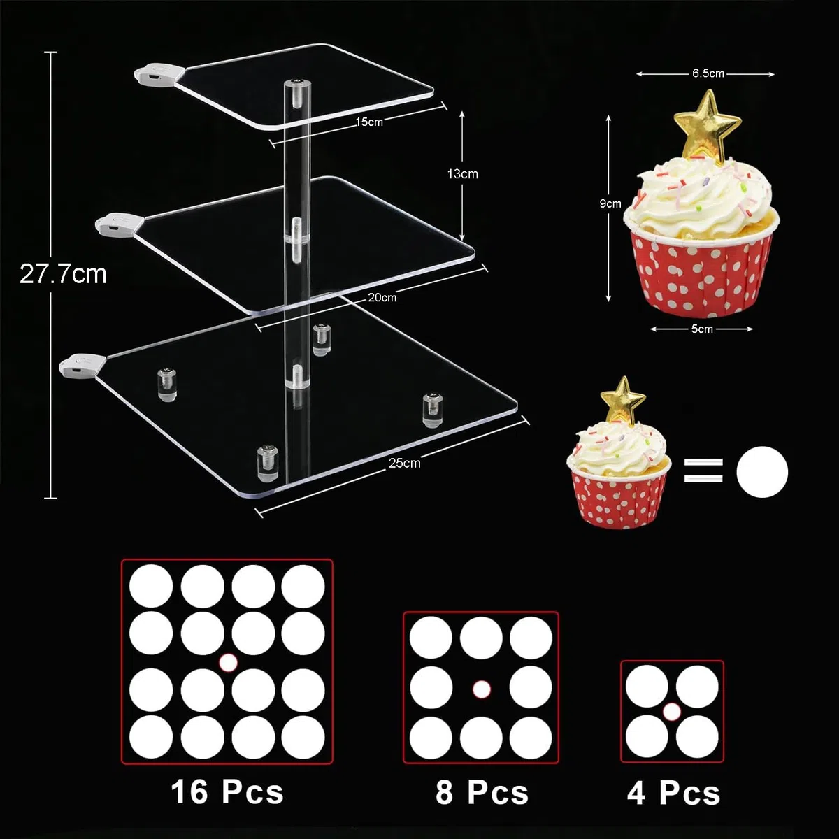 3 Piani Cupcake Stand, Ulifeme LED Ricaricabile Alzata, Supporto per Esposizione di Dolci Trasparente Quadrato, Torre di Cupcakes per Natale, Matrimoni, Anniversari, Feste Prenatalizie e Compleanni