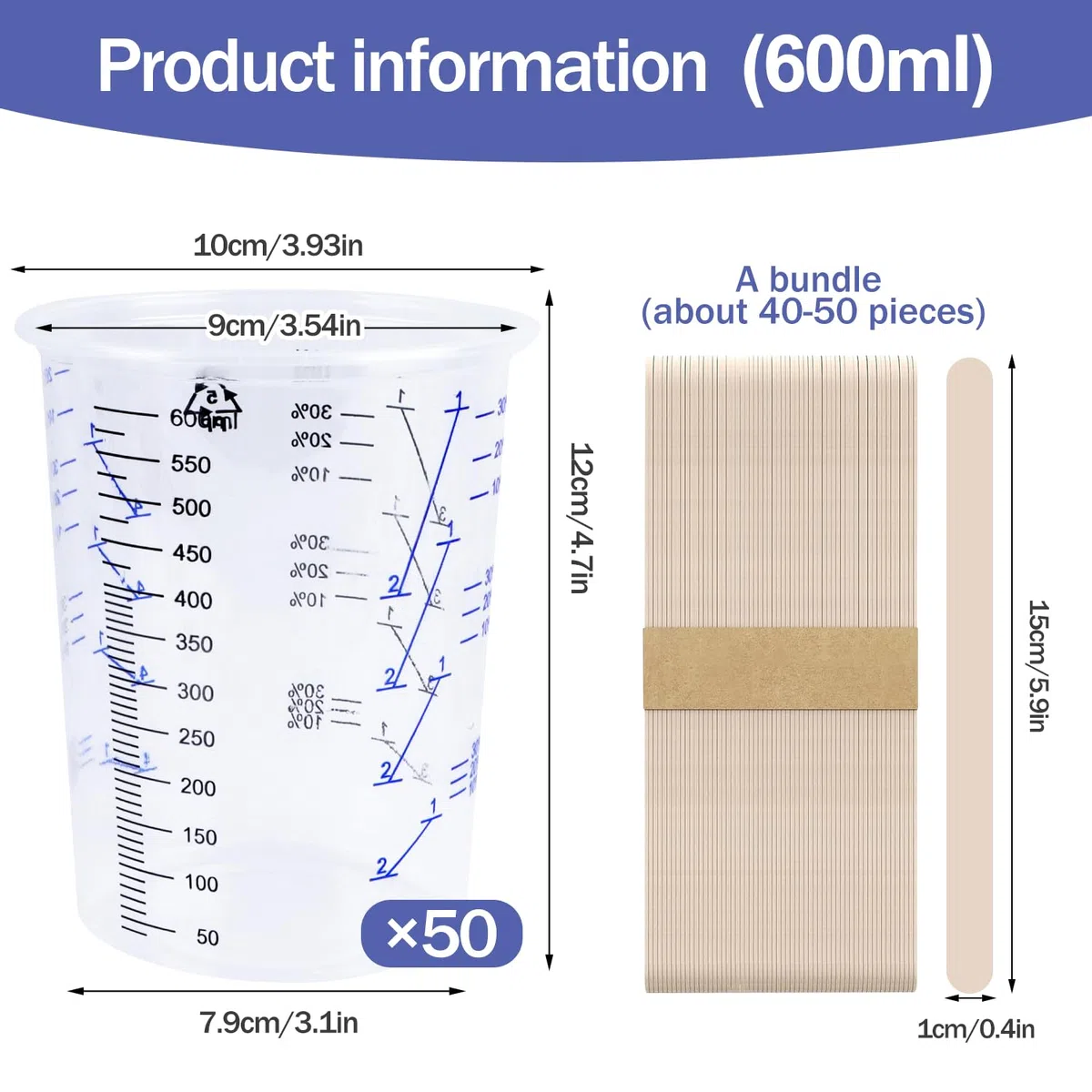 Bicchiere di Miscelazione per Vernici 50 Pezzi 600ml Tazza di Misurazione Misurini in Plastica con Bastoncini di Legno per Miscelazione Liquidi Vernice Pigmenti (600ml-50pcs)