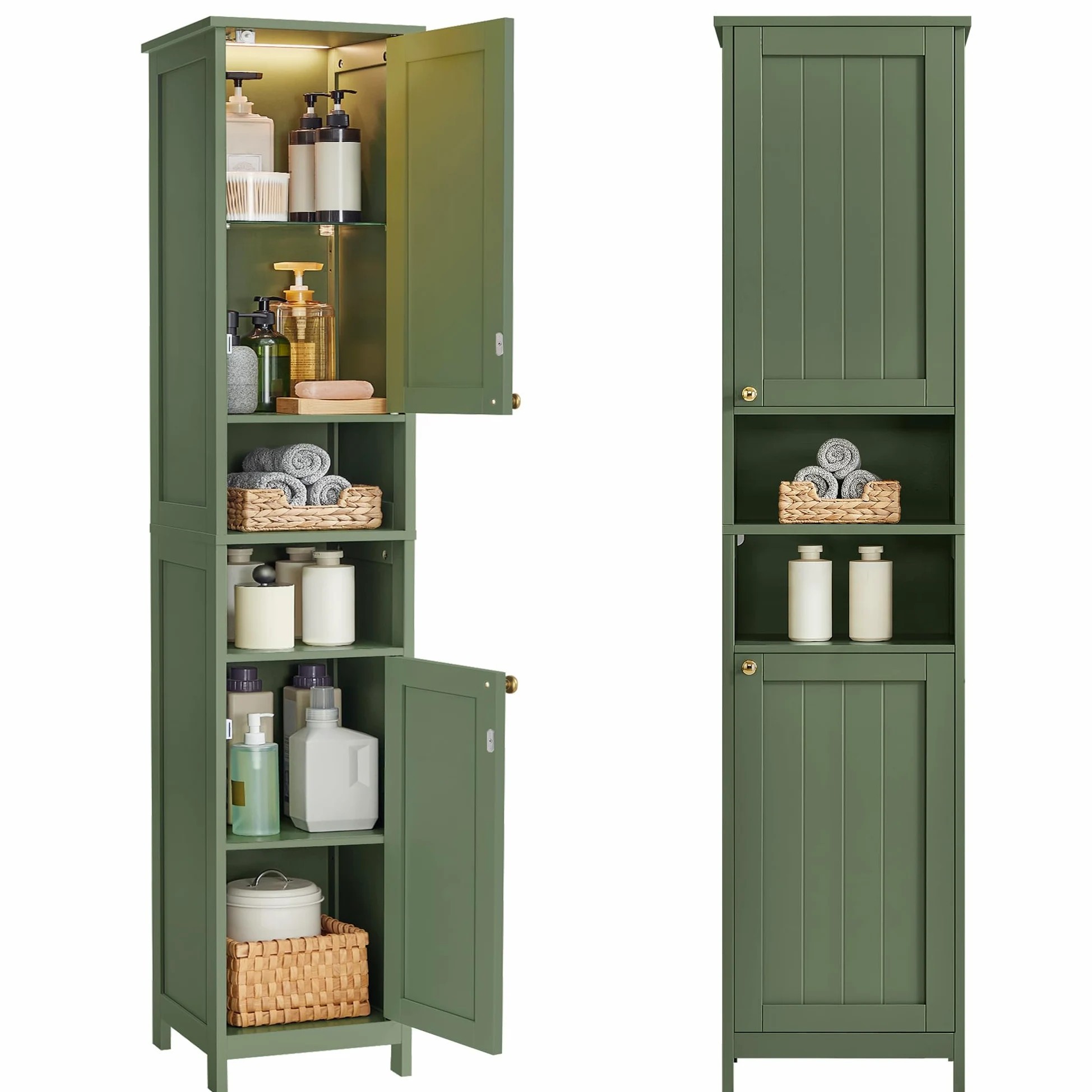 VASAGLE Mobile da Bagno con Luce, Mobiletto da Bagno Salvaspazio, Armadietto da Bagno a Colonna con Ripiani Regolabili, Largo 40 cm, per Piccoli Spazi, Moderno, Verde Foresta BBC766CH03