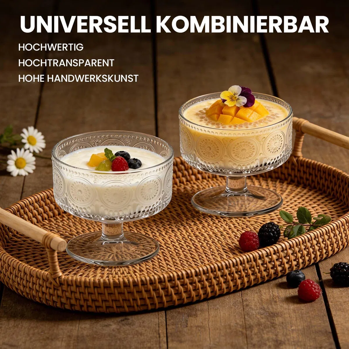 6 ciotole da dessert in vetro, per gelato, gambo corto, girasole, gamberetti, bicchieri da cocktail, antipasti, macedonia, budino, ciotole da cocktail con piede (n. T1808)