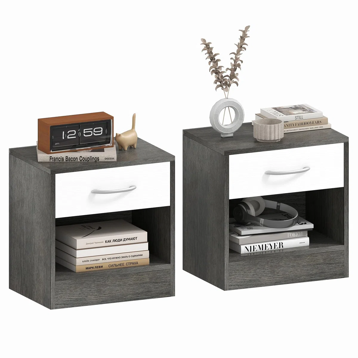 HOMCOM Set 2 Comodini per Camera da Letto con Ripiano Aperto e Cassetto, Comodini Moderni in Truciolato, 39x28x41 cm, Bianco e Grigio Scuro