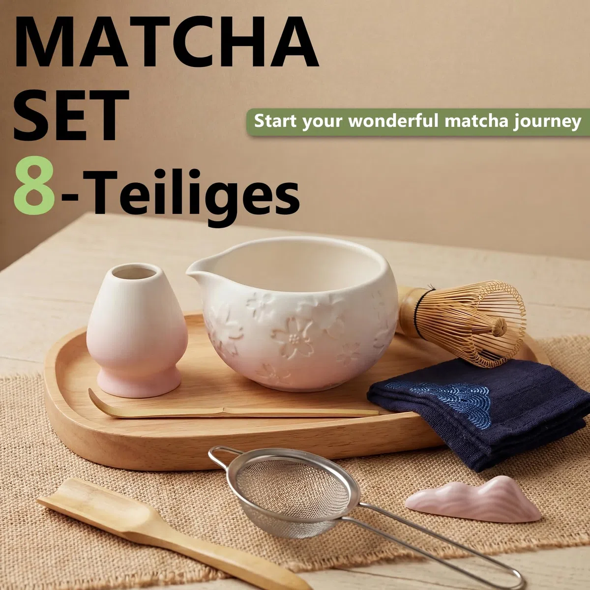 8 pezzi Matcha Kit, Matcha Set tradizionale in ceramica con Frusta Matcha, Ciotola, Cucchiaio, Filtro, Supporto, Kit Matcha completo, Elegante Set per Amanti del Matcha, Bianco Rosa