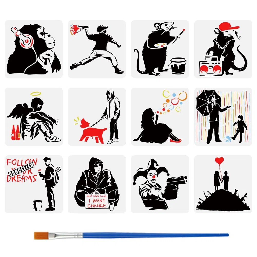 FINGERINSPIRE 12 stencil da disegno Banksy con pennello da 30 x 30 cm, motivo: ragazzi, uomo, angeli, clown, scimpanzé, ratti, pittura a tema Banksy, stencil per dipingere su mobili