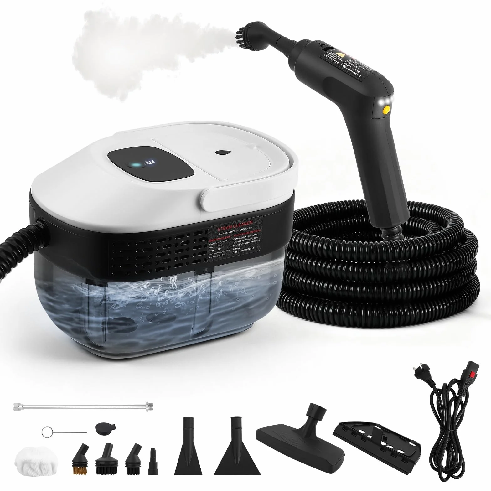 Pulitore a Vapore Portatile 2500 W, 6 Spazzole, Serbatoio 1600 ml, Pulitore a Vapore 3 Bar, con 3 Velocità Regolabili, per la casa multiuso, per finestre, cappe, tessuti