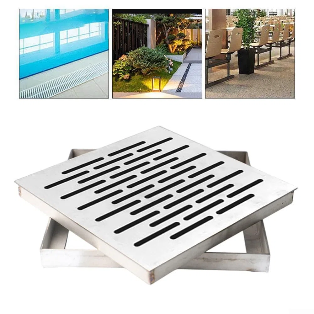 Copertura per scarico a pavimento in acciaio inox con telaio, antiscivolo, design multi-foro per drenaggio rapido, griglia esterna per strade, scuole e piazze (150 x 150 x 20 mm)
