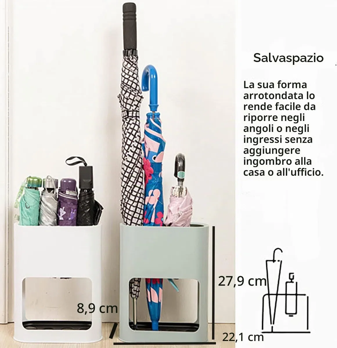 Portaombrelli da passeggio con vassoio idrocopico e ventose, supporto autoportante in plastica per casa e ufficio, collocarsi in corridoio o atrio