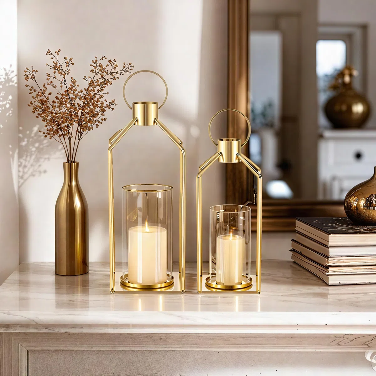 Portacandele in oro con cilindro in vetro: set da 2 candelabri, portacandele antivento, decorazione moderna per matrimoni, soggiorno, armadio