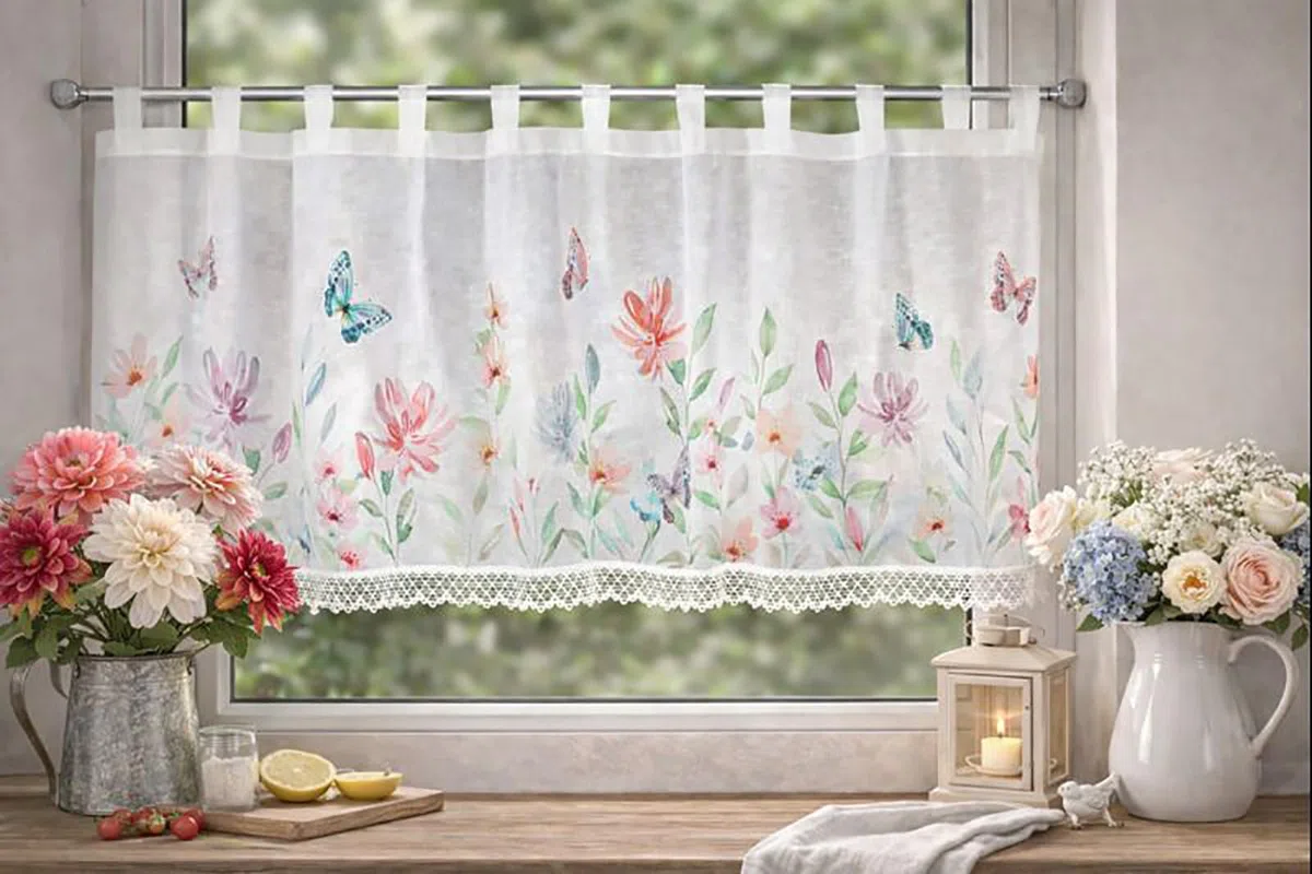 KAMACA Tenda da bistrò con passanti, tenda corta da cucina, trasparente, con passanti in voile, pizzo (altezza x larghezza 60 x 140 cm, Theresia)
